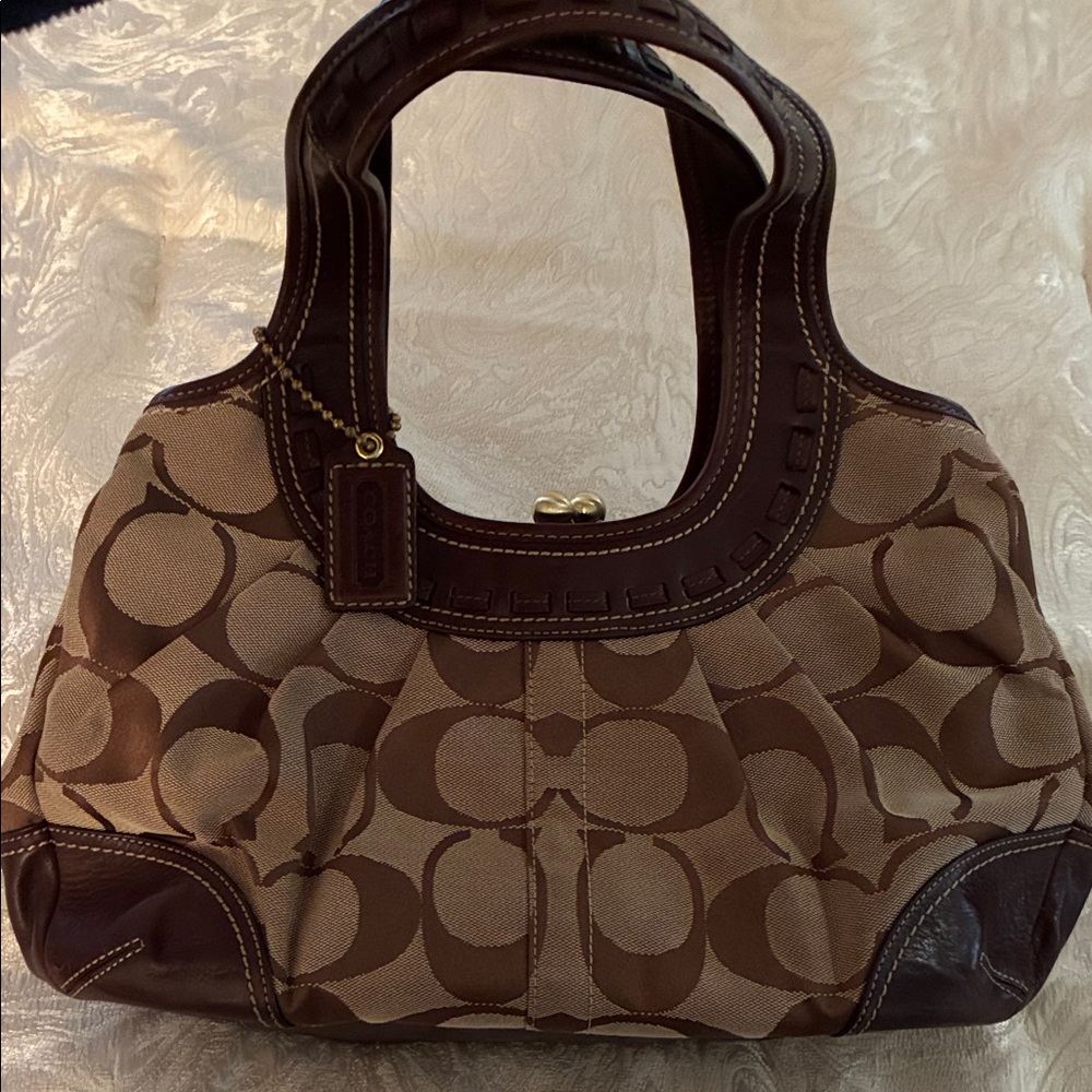 Coach Classic/Elegant Timeless Brown Leather and Tan C Signature Shoulder Bag